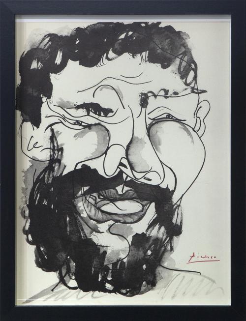 "VISAGE D&#39;HOMME RIANT, A LA BARBE ET CHEVEUX NOIRS, TRAIT E