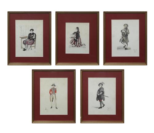 CONJUNTO DE 5 ACUARELAS DE PERSONAJES DECIMONÓNICOS