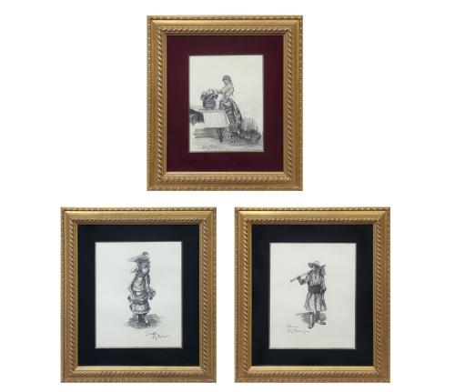 CONJUNTO DE TRES DIBUJOS DE PERSONAJES TRADICIONALES
