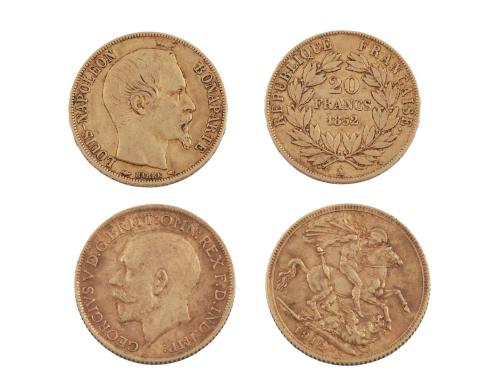 LOTE DE SOBERANO INGLÉS Y VEINTE FRANCOS EN ORO 22KT