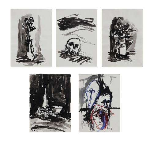 LOTE DE 5 TÉCNICAS MIXTAS FIGURATIVAS (1990)