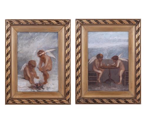 PAREJA "ÁNGELES JUGANDO A LAS DAMAS Y ENCENDIENDO UNA HOGUE