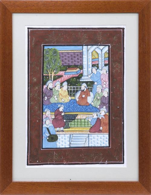 ESCENA DE GALA, MINIATURA HINDÚ SOBRE TELA