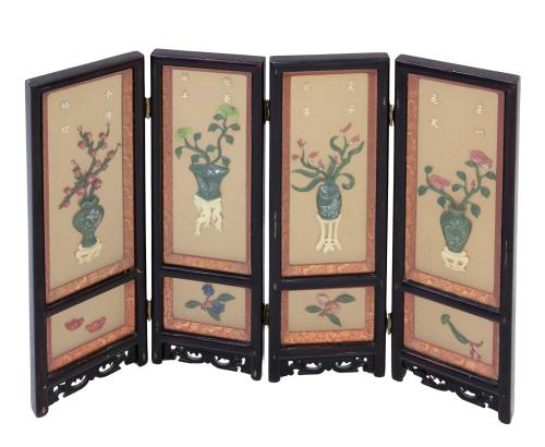 BIOMBO ORIENTAL EN MINIATURA EN MADERA LACADA Y PIEDRAS