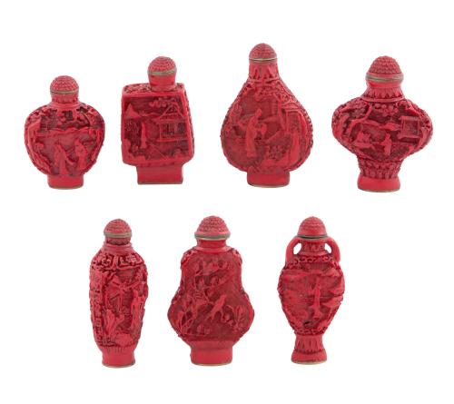 LOTE DE SIETE PERFUMEROS CHINOS EN CINABRIO ROJO (S. XX)