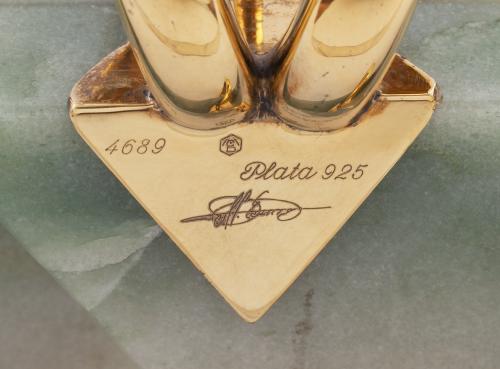 CANDELABRO HEBREO EN CUARZO VERDE Y PLATA MACIZA DE LA FIRM