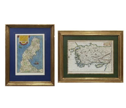 PAREJA DE IMPRESIONES DE MAPAS ANTIGUOS COLOREADOS A MANOS