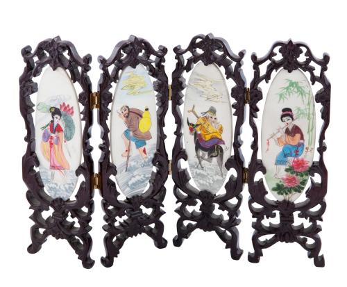 BIOMBO DECORATIVO CHINO EN MADERA CON DECORACIONES EN CÉRAM