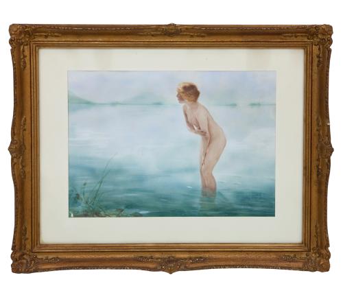 DIBUJO A  ACUARELA REPRESENTANDO MUJER DESNUDA BAÑANDOSE.