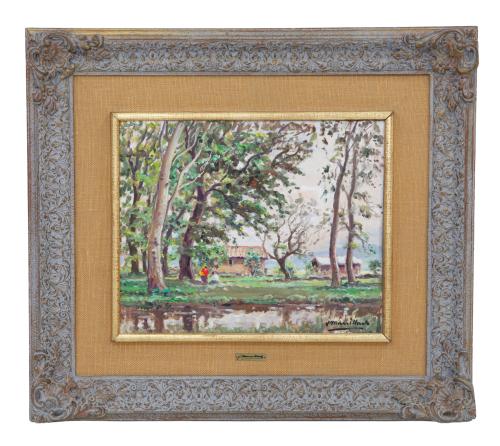 "PAISAJE DE ARBOLES PRIMAVERAL CON PAREJA CERCA DE LAGUNA"