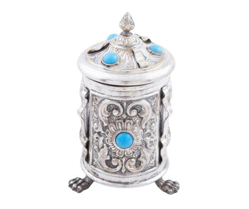TARRO ORNAMENTAL VINTAGE DE ESTILO ORIENTAL EN METAL PLATEA