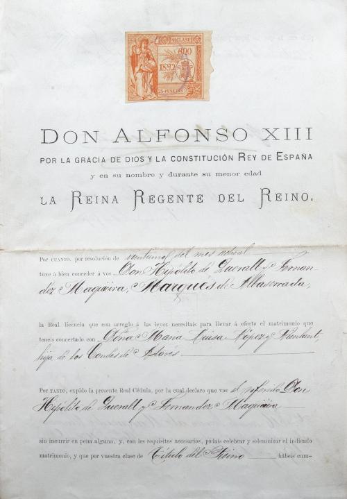 REAL CÉDULA MATRIMONIAL DE 1892 (REINADO DE ALFONSO XIII)