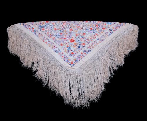 MANTÓN DE MANILA ANTIGUO CON BORDADO MULTICOLOR SOBRE SEDA 