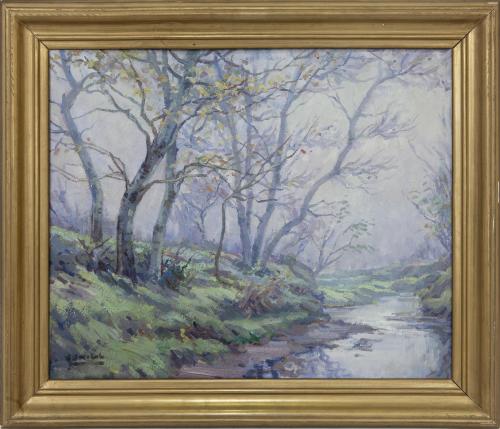 "NIEBLA EN UN PAISAJE BOSCOSO CON ARROYO"